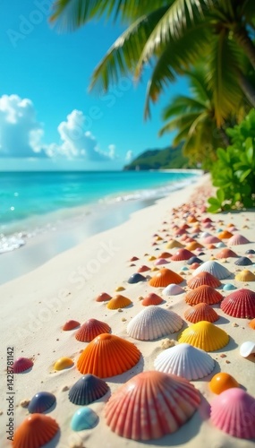 Wallpaper Mural Sandy tropical beach covered with colorful seashells under a clear blue sky, sand, summer, landscape Torontodigital.ca
