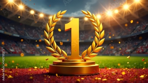 The gold award for first place against the backdrop of a stadium and confetti