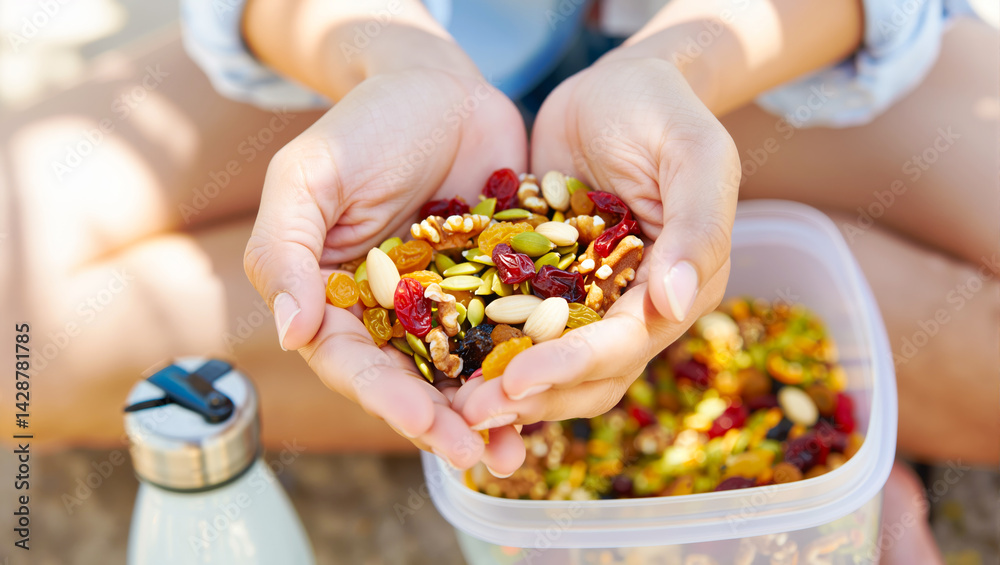 Optimal Energy Boost Snack: Woman's hands holding nutrient-dense trail mix - nuts, seeds, dried fruit. Healthy homemade fuel for outdoor activity, hiking, or mindful snacking break