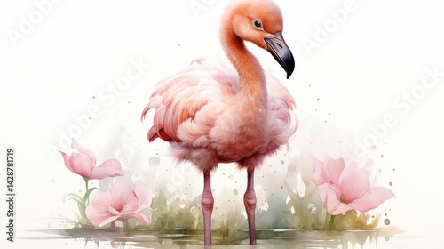 Serene Pink Flamingo among Elegant Flowers in Tranquil Waterscape photo