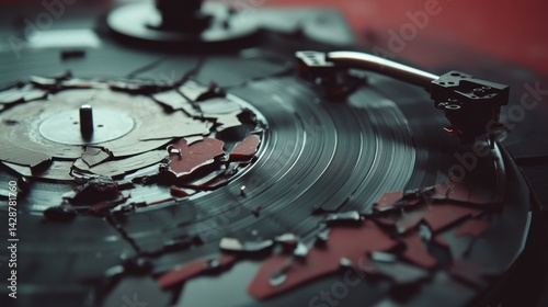Broken Vinyl Record on Turntable: A Melancholic Still Life