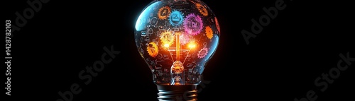 Creative concept of a glowing bulb filled with multicolored gears and tech icons, symbolizing the power of business innovation and imaginative thinking, highquality render