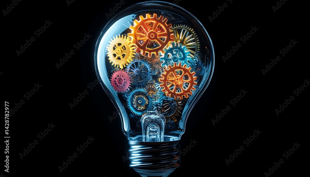 Futuristic light bulb filled with colorful mechanical gears and innovation symbols, digital fusion of creativity and business technology, vivid highres concept art Futuristic light bulb filled with colorful mechanical gears and innovation symbols, digital fusion of creativity and business technology, vivid highres concept art