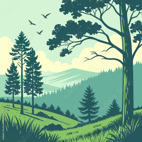 Beautiful landscape. Green summer forest clearing with grass and trees against the backdrop of a mixed forest of pine trees, hills, birds in the blue sky and clouds. Vector illustration for design.