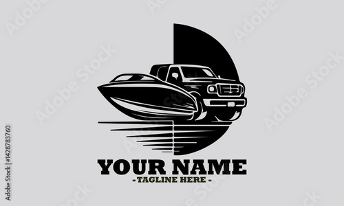 Simple monochromatic illustration depicting a speedboat on the water with a pickup truck on shore, suggesting transport. Nautical concept, speedboat and pickup vector design and logo design
