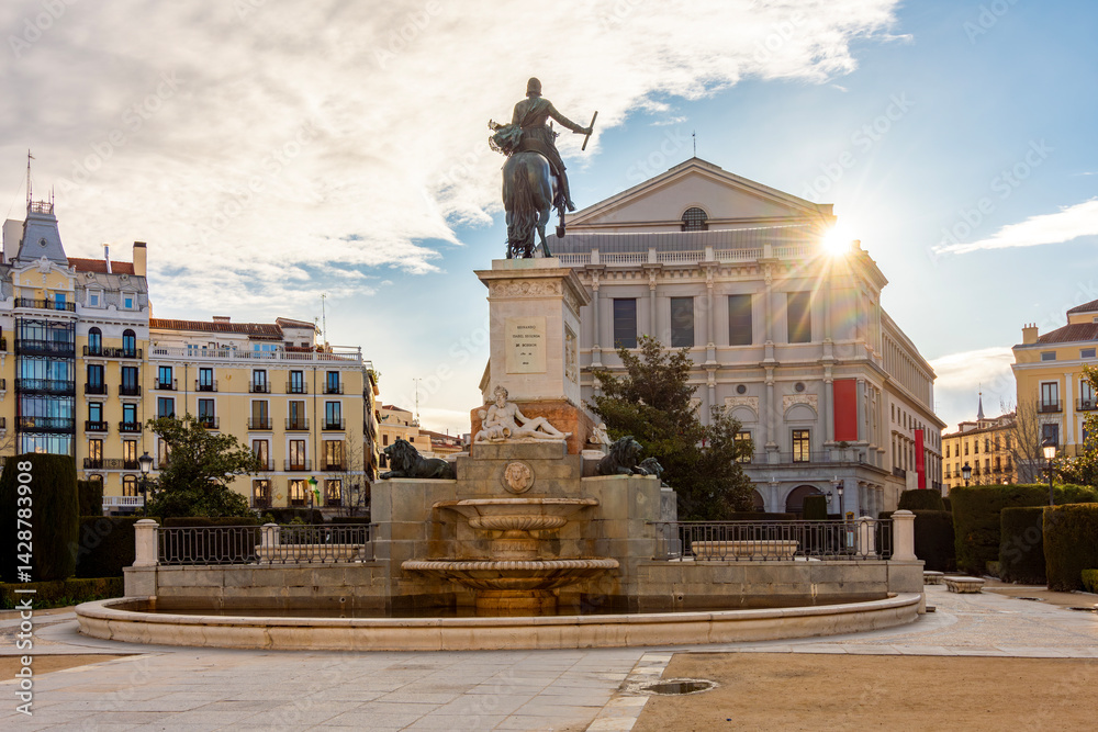Monument to Felipe IV on Eastern square (Plaza de Oriente) and Royal theatre (Teatro Real), Madrid, Spain