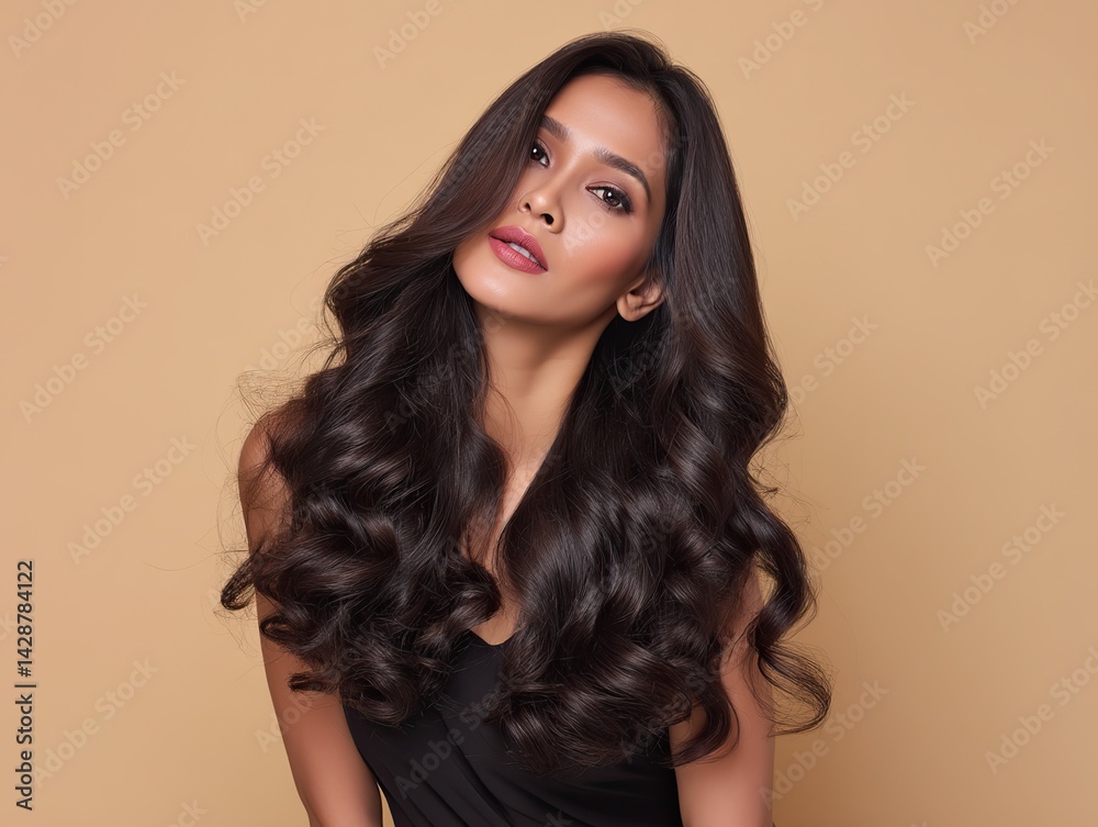 Beautiful woman with long, sleek and shiny brown hair styled in perfect curls, side - parted, in a studio shot against a beige background, ideal for hair product or salon advertisement. Beautiful woman with long, sleek and shiny brown hair styled in perfect curls, side - parted, in a studio shot against a beige background, ideal for hair product or salon advertisement.