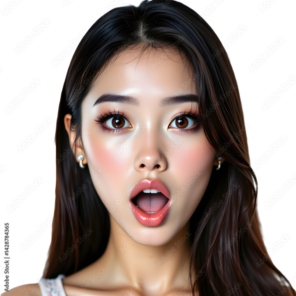Realistic close up of the same Asian woman surprised, with wide eyes and open mouth, isolated on white background Realistic close up of the same Asian woman surprised, with wide eyes and open mouth, isolated on white background