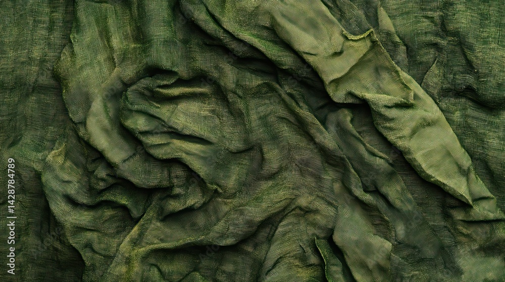 Fototapeta premium Textured wrinkled fabric in olive green with organic, natural creases throughout