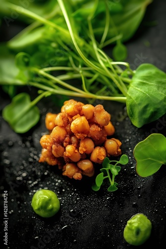 Crunchy fried chickpea with microgreens, topical view, gourmet dish