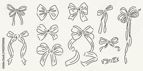 Hand drawn minimalist elegant ribbon and bows doodle set. Perfect for packaging designs, prints, postcards, invitations, greeting cards, wedding. Italian ink sketch dolce vita