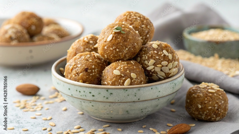 Tilgul Laddu, made up of jaggery,gud, and sesame seeds for Makar Sankranti festival served in a bowl Tilgul Laddu, made up of jaggery,gud, and sesame seeds for Makar Sankranti festival served in a bowl