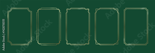 Golden Frames Set. Thin Line Gold Borders Luxury Minimalist Collection. Premium Vector Brass Outline Geometric Rectangles. Linear Decorative Banners with Classy Dark Green Background Isolated