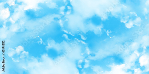Gradient blue sky with clouds. Light sky blue shades watercolor. Sky Nature Landscape Background. sky background with white fluffy clouds.><	
