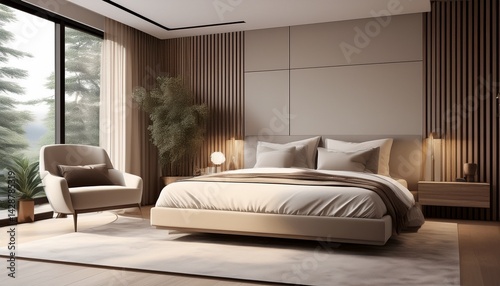 sleek and contemporary master bedroom with a neutral color palette generative ai
