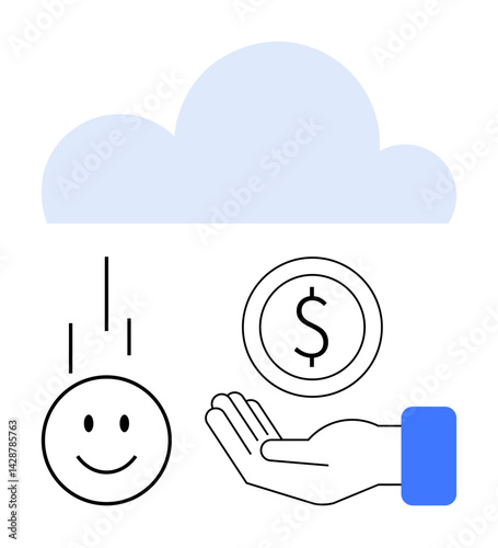 Cloud emitting icons of smiling face and dollar coin towards an open hand. Ideal for technology, finance, charity, cloud services, happiness, well-being, and simple landing page