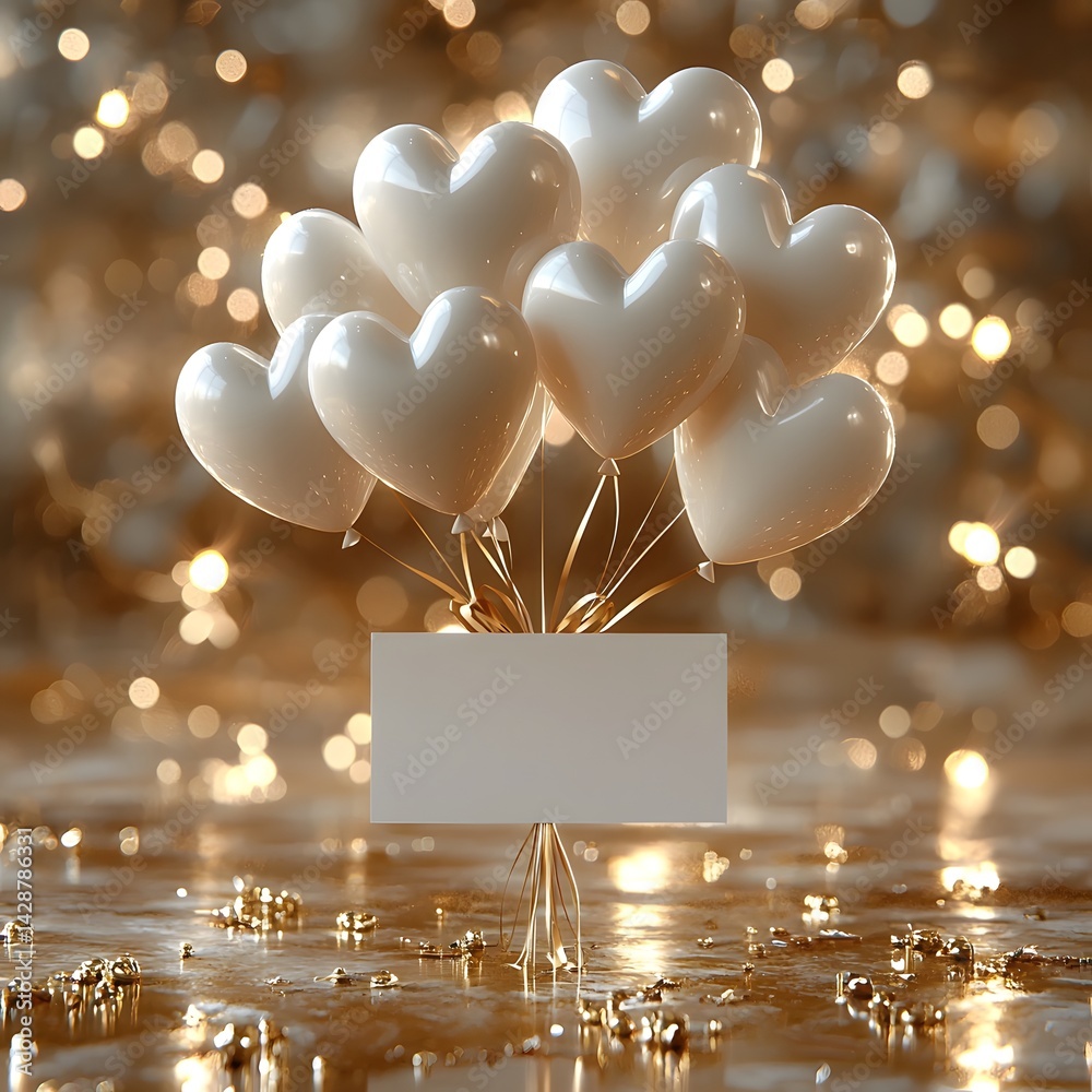 Heart shaped balloons with a blank white gift card