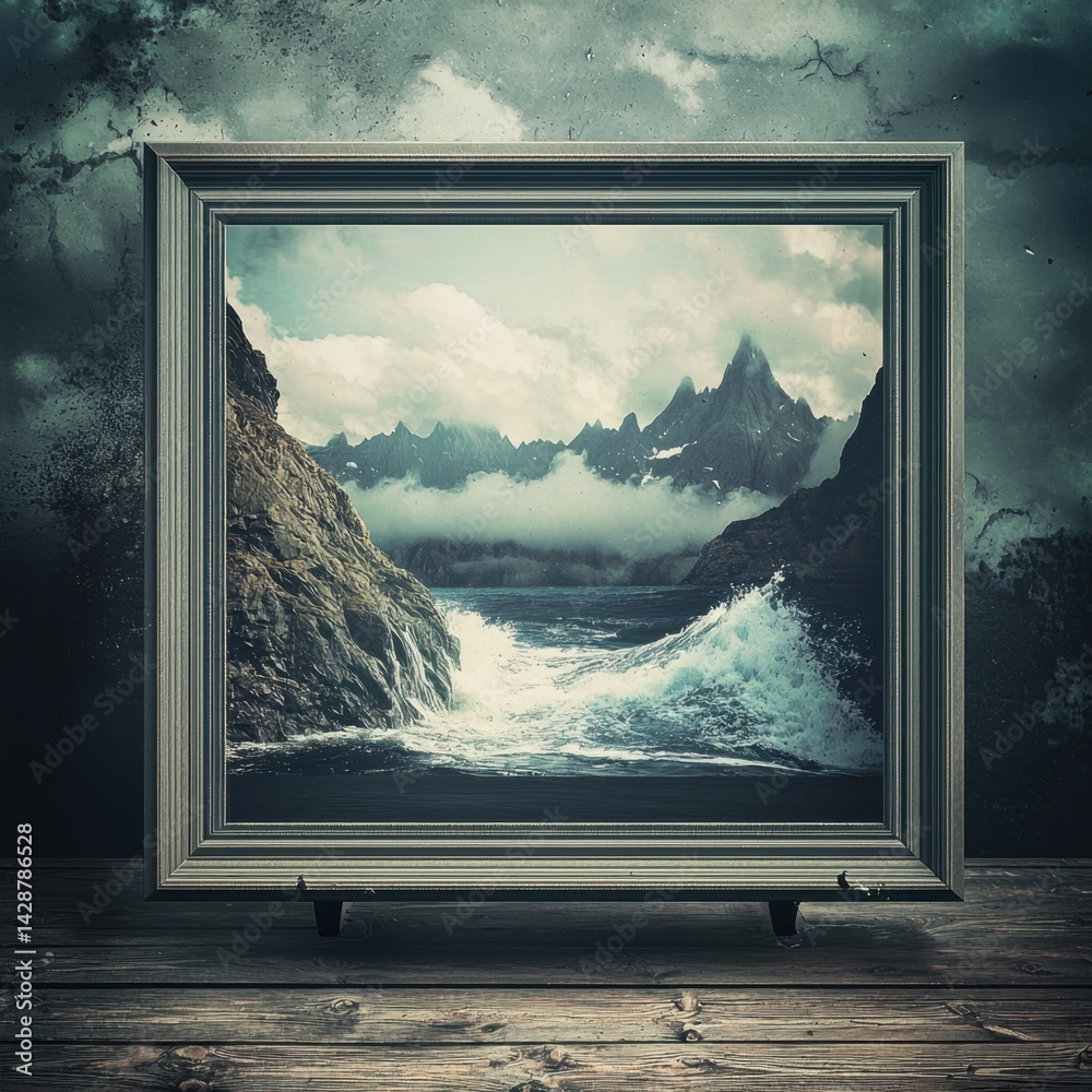 Fototapeta premium Weathered Gray Picture Frame Showcasing Dramatic Landscape Painting of Turbulent Sea Crashing Against Rocky Shores and Misty Mountains in Background