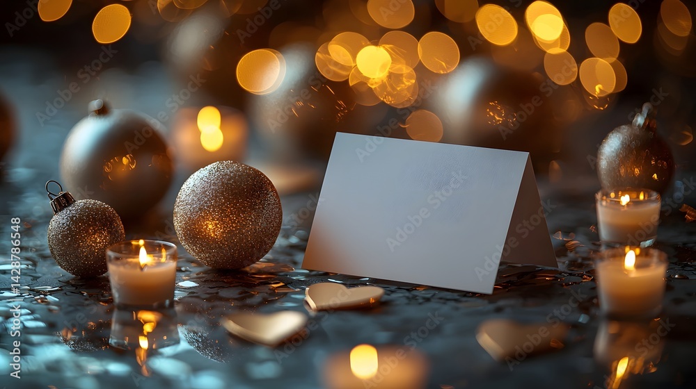 Festive holiday scene with a blank gift card and sparkling golden and silver ornaments