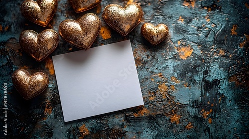 Intertwined golden and silver hearts surround a blank gift card