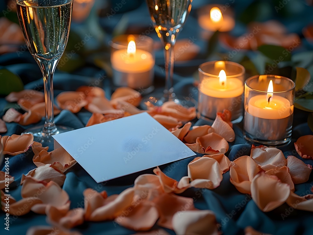 A romantic anniversary with candles rose petals and champagne