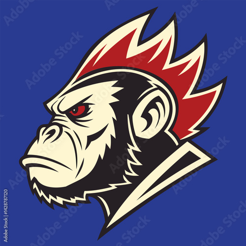 Angry Gorilla Mascot Logo with Red Flame Hair on Blue Background – Vector Illustration