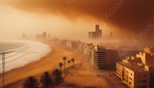 spanish coastal cityscape engulfed in dramatic moroccan sandstorm featuring urban beach tall buildings and bustling portspain in sandstorm from moroco