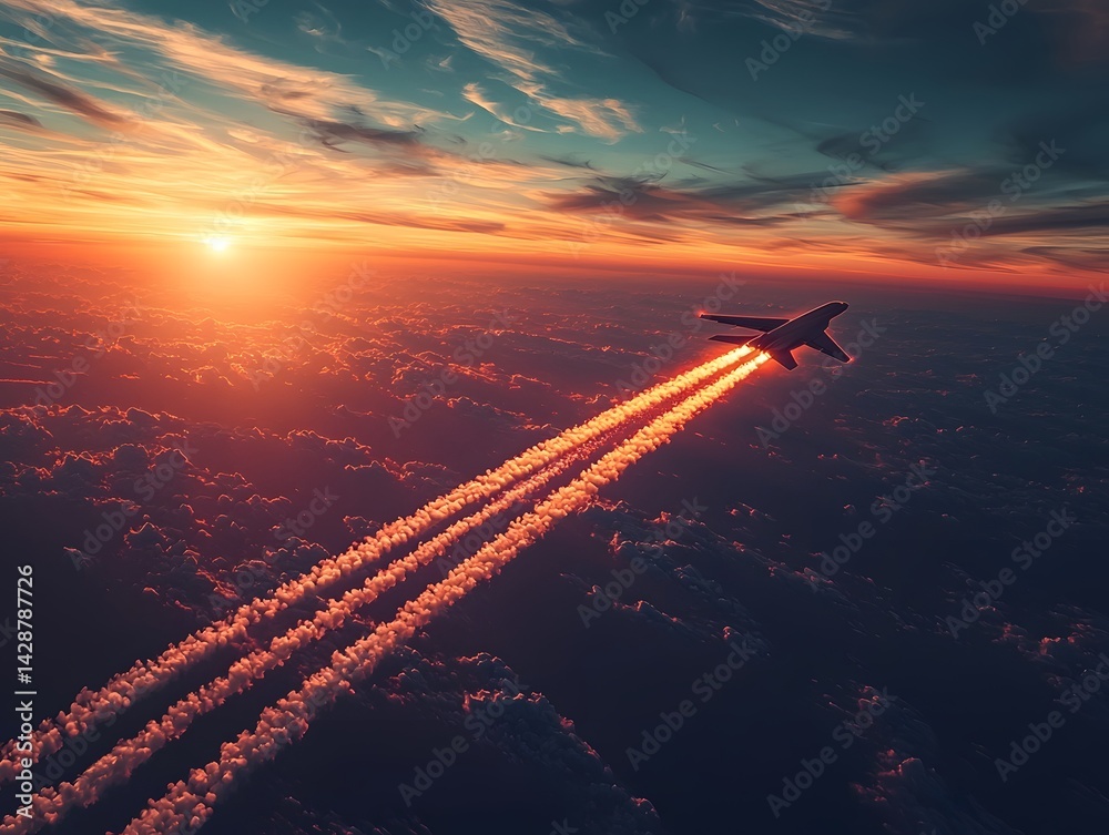 Fighter jet performing a dramatic turn in a vibrant sunset sky