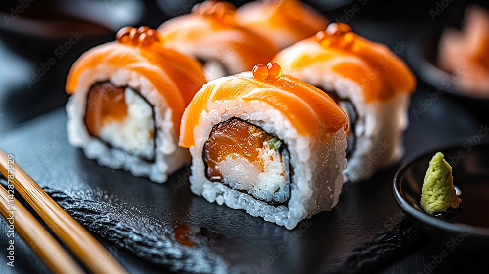 Variety of assorted sushi rolls and nigiri on elegant black platters Variety of assorted sushi rolls and nigiri on elegant black platters