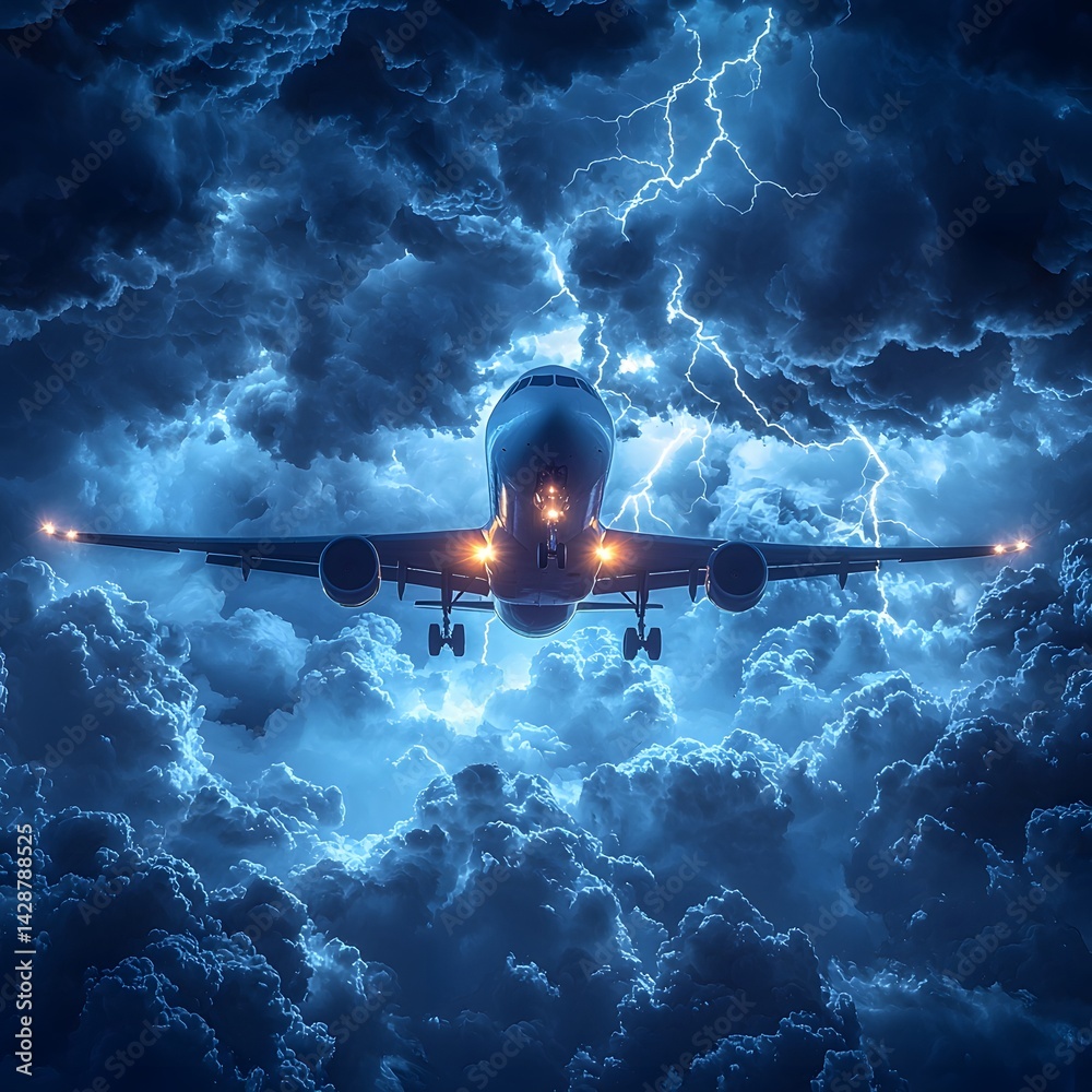 Dramatic silhouette of a commercial airplane flying through a stormy sky