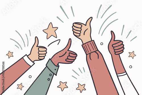 Illustration of multiple hands giving thumbs up, symbolizing approval and positivity. Great for social media, teamwork, and feedback themes.