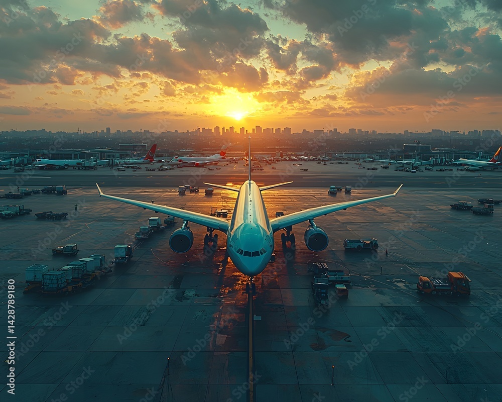 Airplane being refueled on the at sunset