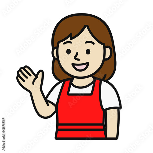 エプロン姿で手を振る明るい女性のフラットイラスト Flat illustration of a cheerful woman wearing apron and waving hand  