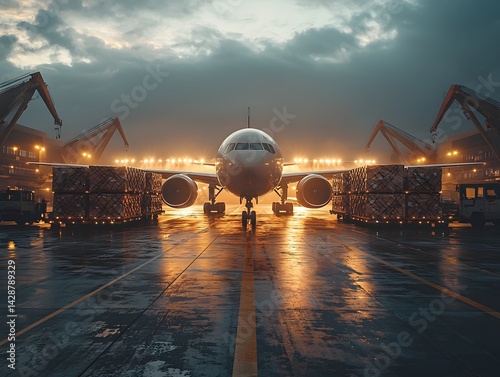 Obraz na płótnie Cargo plane being loaded in an industrial setting during a stormy evening w salonie