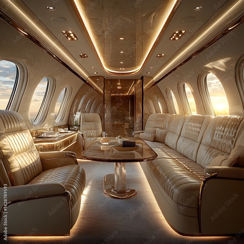 Lavish interior of a private luxury jet with leather seating and panoramic