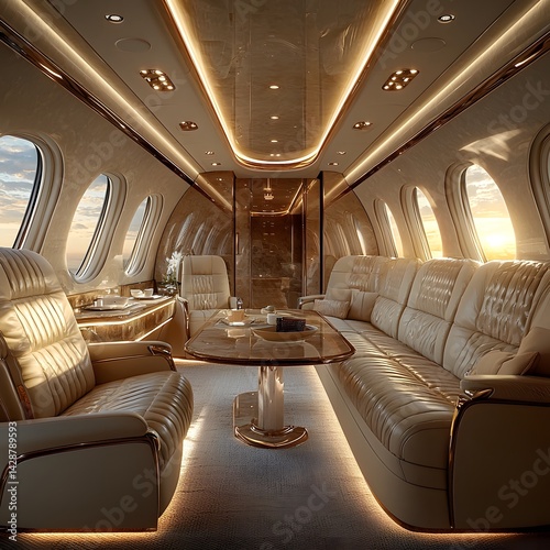 Obraz na płótnie Lavish interior of a private luxury jet with leather seating and panoramic w salonie