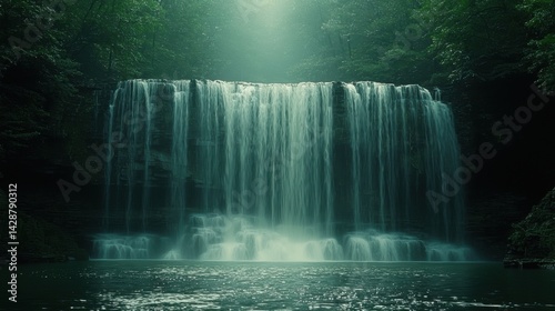 Serene Waterfall Cascading Over Rocky Cliff in Lush Green Forest