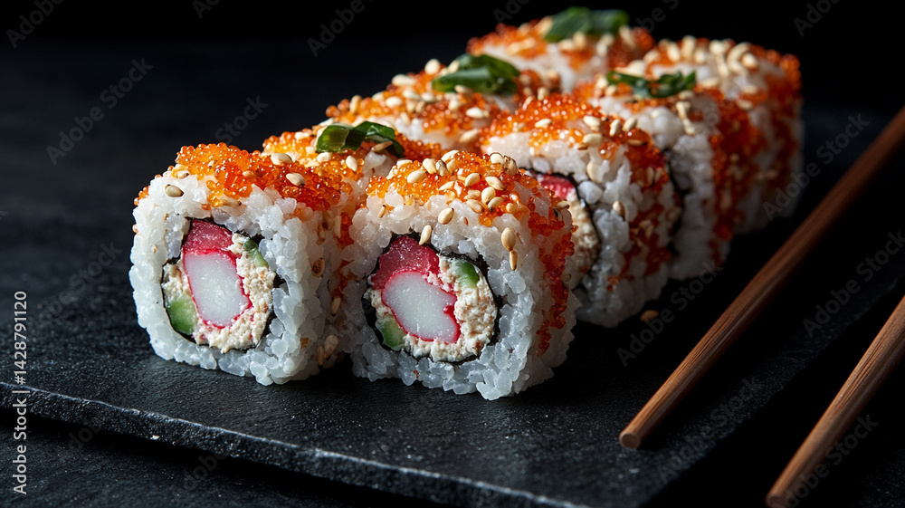 California sushi rolls with crab stick, cucumber, and tobiko on slate plate California sushi rolls with crab stick, cucumber, and tobiko on slate plate
