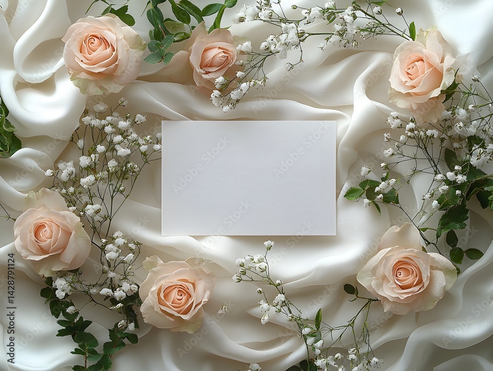Blank white gift card nestled in a floral wreath