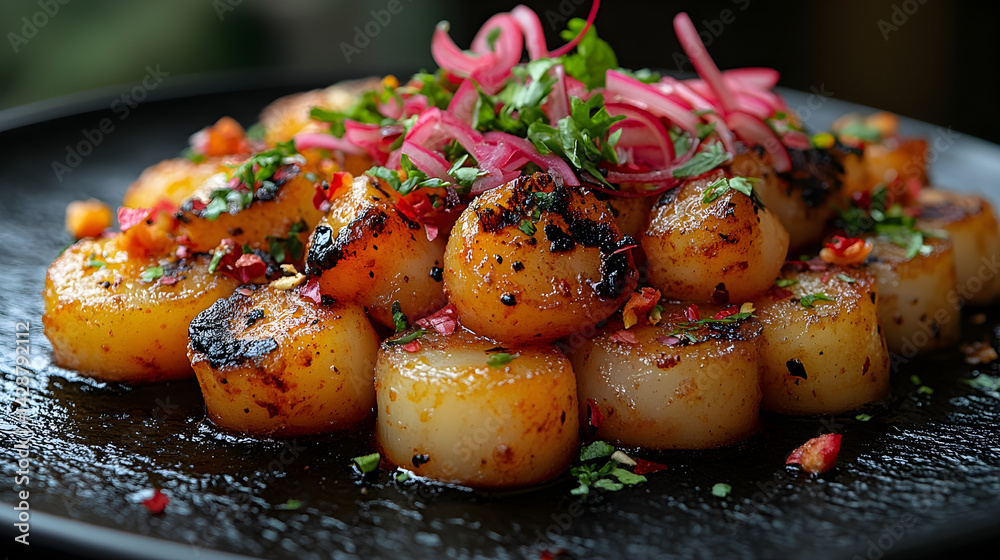 Aloo Gobi presented on a black textured surface with elegant side garnishing