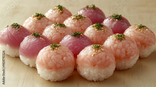 Decorative round temari sushi with pink and purple fish topping on wooden board