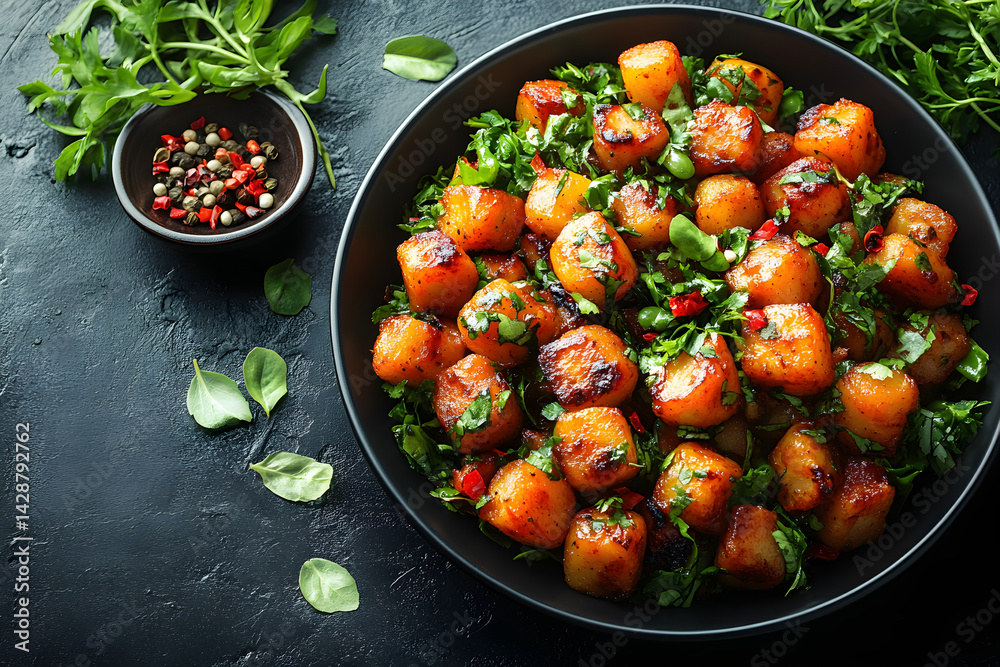 Aloo Gobi styled on dark grey background with clean plating and props
