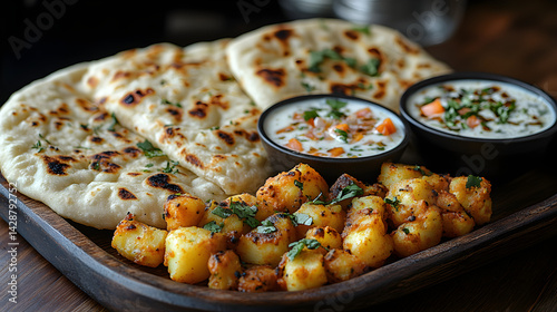 Aloo gobi served with naan and raita on the side