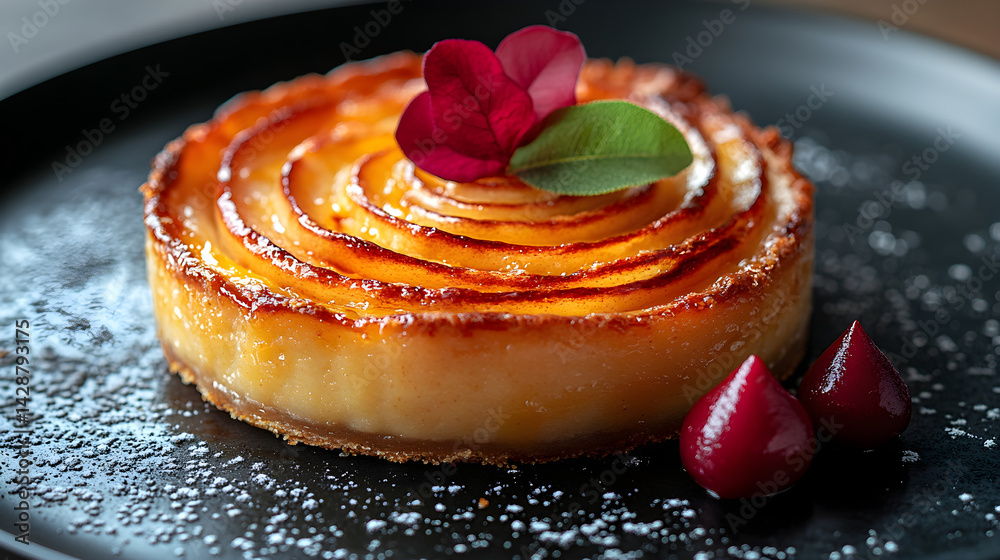 Apple Pie presented on a black textured surface with elegant side garnishing