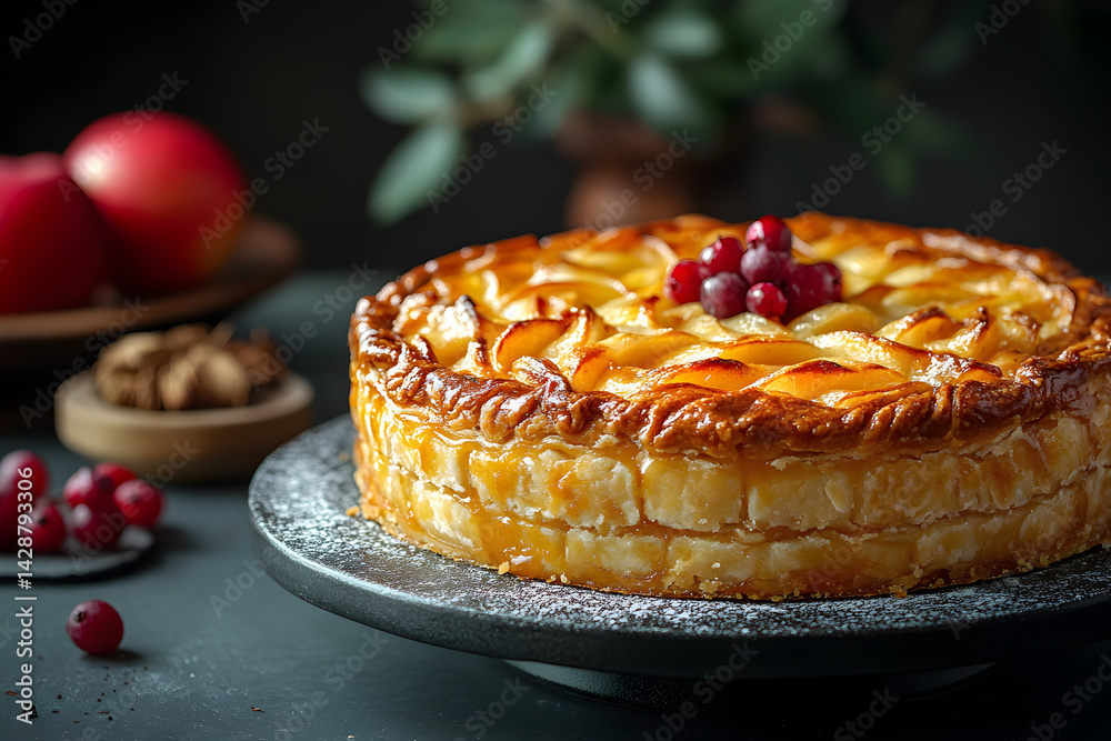 Apple Pie styled on dark grey background with clean plating and props