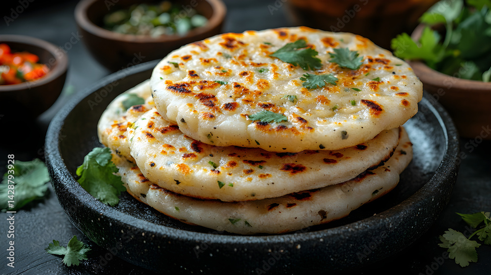 Arepas served on dark grey textured plate with fresh garnish top view