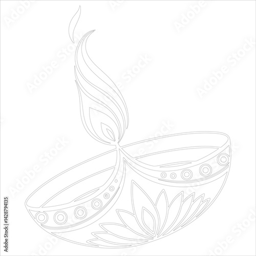 Diwali Diya Line Art Silhouette Vector Traditional Oil Lamp Line Art Illustration
