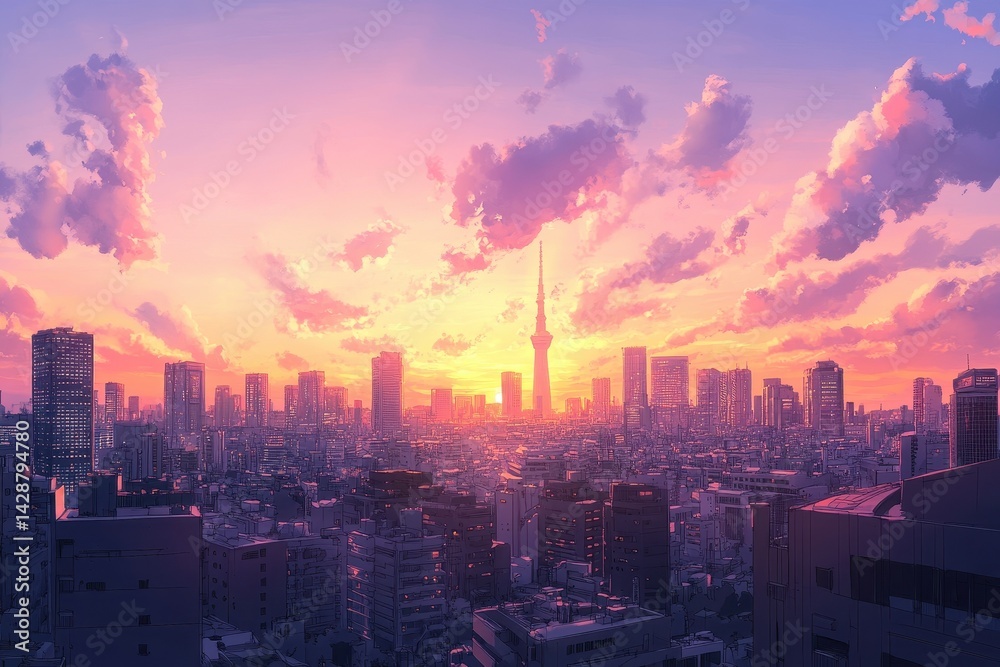 Obraz premium Urban skyline bathed in a vibrant sunset.