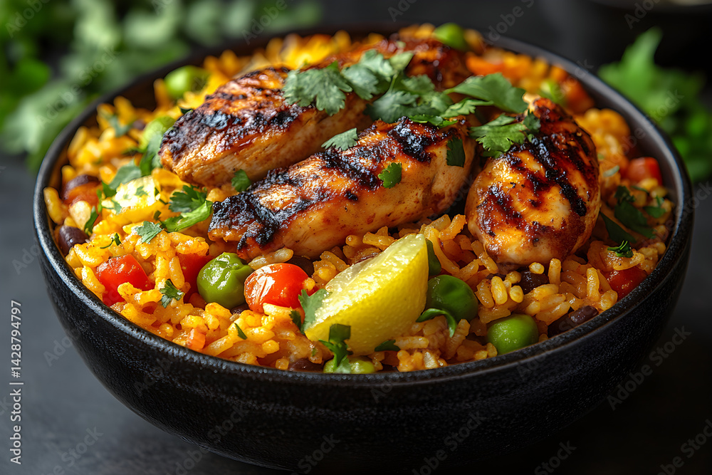 Arroz con Pollo styled on dark grey background with clean plating and props