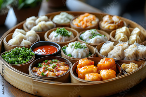 Obraz na płótnie Assorted dim sum served on bamboo steamers with dipping sauces w salonie